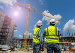 construction workers with hard hats and yellow vests looking over a partially built building and an orange crane